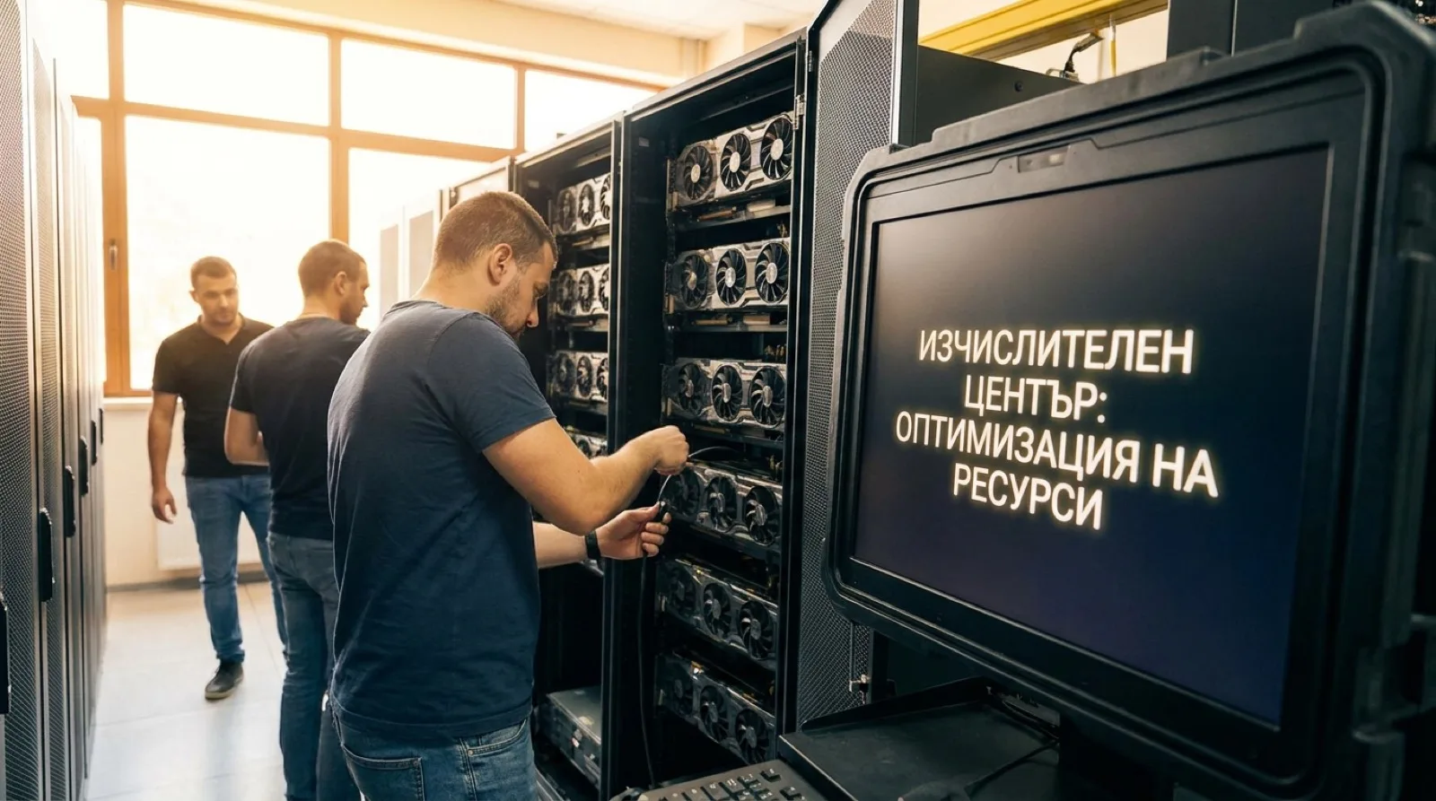 Сървърни шкафове с видеокарти в изчислителен център, с кирилски текст на екран отпред